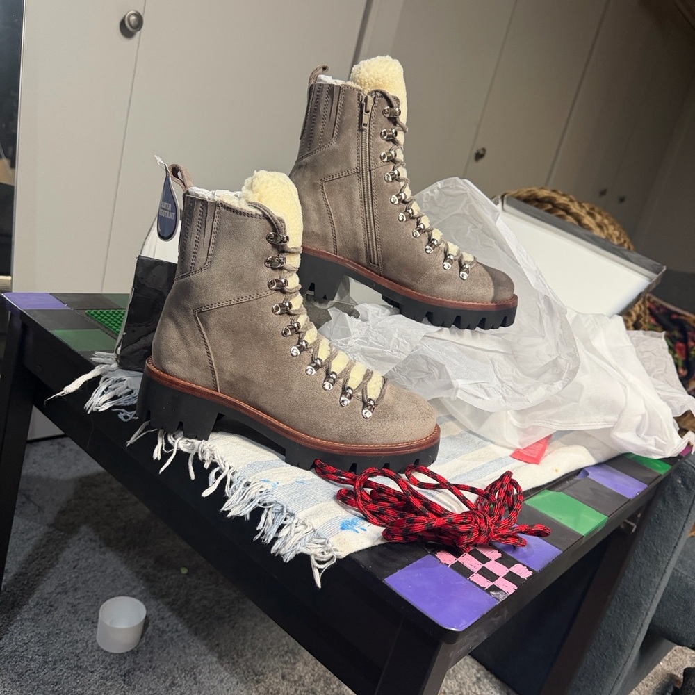Jeffrey Campbell Taupe Combat Boots with Shearling